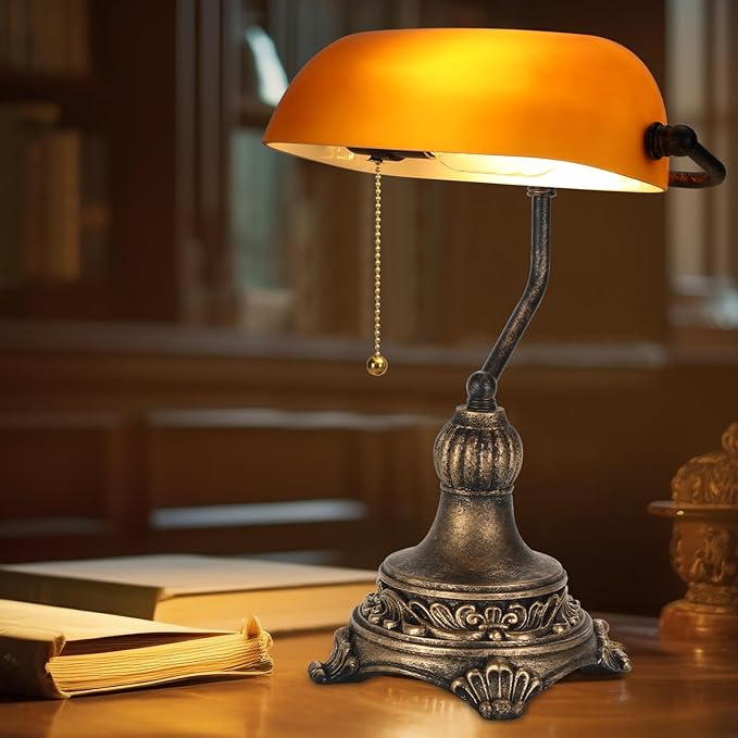 Bankers Lamp with Pull Switch, Amber Glass Desk Lamp with Retro Black/Gold Finish, Vintage Table Lamps for Living Room, Home Office, Library, Piano LED Bulb Included (Amber) - LeafyLoom