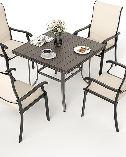 Pamapic 5 Pieces Patio Dining Set, Outdoor Table and Chairs for Garden Backyard Poolside Deck,Outdoor Furniture Set with Square Plastic-Wood Table Top,4 Textilene Chairs,Beige - LeafyLoom