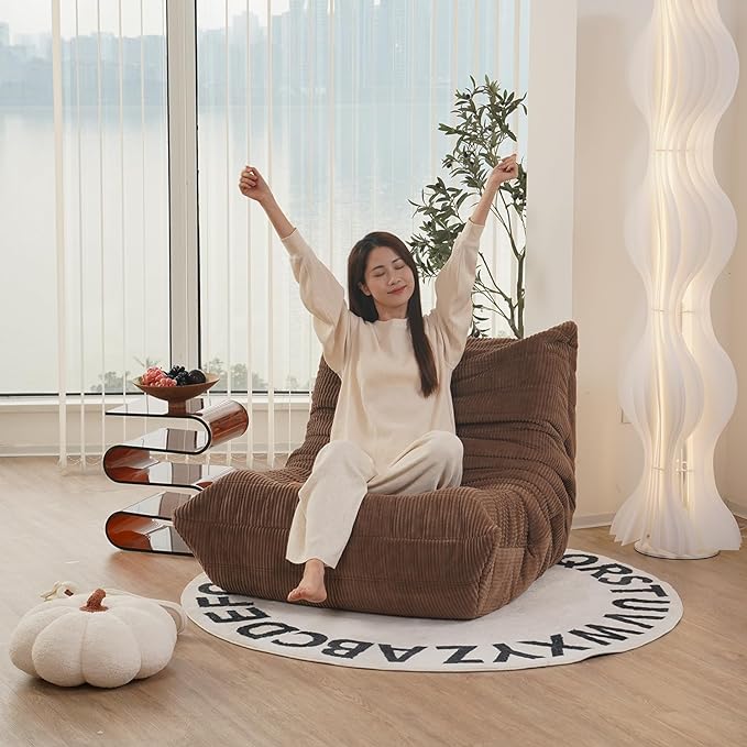N&V Fireside Chair, Mid Century Armless Floor Sofa, Soft Premium Corduroy Floor Lounge Chair, Foam Sofa Accent Chair for Living Room Bedroom and Office Ivory - LeafyLoom