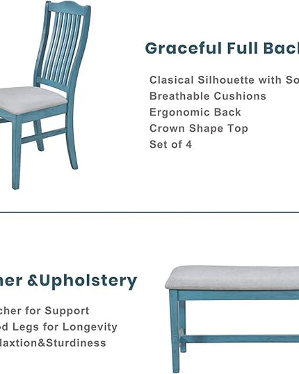 6-Piece Wood Dining Table Set with Drawer, 4 Upholstered Chairs and Bench, for Kitchen, Living Room, Mid-Century Style, Antique Blue, 59" L x 35.4" W x 30.3" H - LeafyLoom