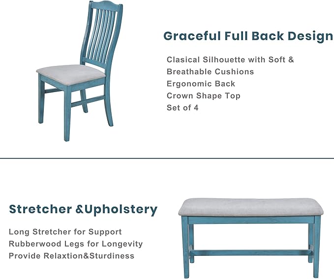 6-Piece Wood Dining Table Set with Drawer, 4 Upholstered Chairs and Bench, for Kitchen, Living Room, Mid-Century Style, Antique Blue, 59" L x 35.4" W x 30.3" H - LeafyLoom