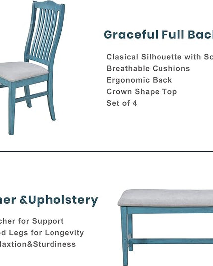 Mid-Century 6-Piece Wood Dining Table Set with Storage Drawer, Upholstered Chairs and Bench, Walnut Tabletop Kitchen Furniture for Living Room, Small Apartments, Antique Blue - LeafyLoom