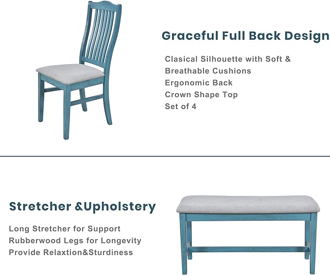 Mid-Century 6-Piece Wood Dining Table Set with Storage Drawer, Upholstered Chairs and Bench, Walnut Tabletop Kitchen Furniture for Living Room, Small Apartments, Antique Blue - LeafyLoom