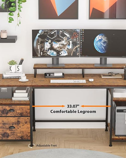 Furologee Computer Desk with Shelves and Drawer, 61" Long Desk with Fabric File Drawer, Industrial Writing Desk with Large Monitor Stand, Study Table Workstation for Home Office, Rustic Brown - LeafyLoom