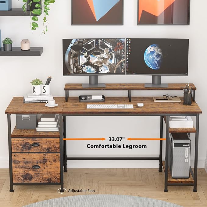 Furologee Computer Desk with Shelves and Drawer, 61" Long Desk with Fabric File Drawer, Industrial Writing Desk with Large Monitor Stand, Study Table Workstation for Home Office, Rustic Brown - LeafyLoom