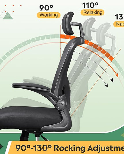 DEVAISE Mesh Computer Office Chair, High Back Ergonomic Desk Chair with Flip-up Armrests and Adjustable Headrest, Backrest and Lumbar Support, Black - LeafyLoom