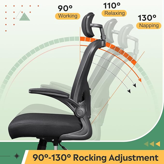 DEVAISE Mesh Computer Office Chair, High Back Ergonomic Desk Chair with Flip-up Armrests and Adjustable Headrest, Backrest and Lumbar Support, Black - LeafyLoom