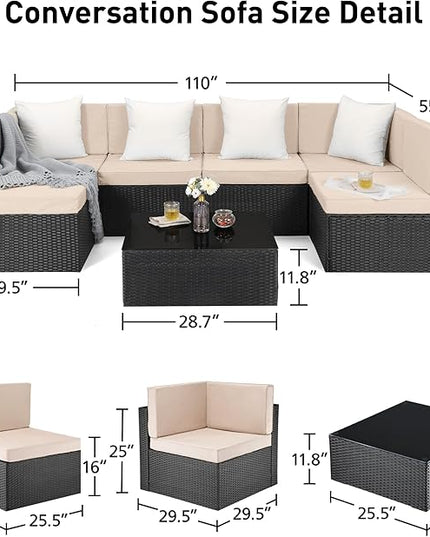 Pamapic 8 Pieces Patio Furniture Set Conversation Sofa with 42 Inch 50,000 BTU Auto-Ignition Outdoor Fire with Glass Wind Guard, Wicker Sofa (Black Wicker, Beige Cushions) - LeafyLoom