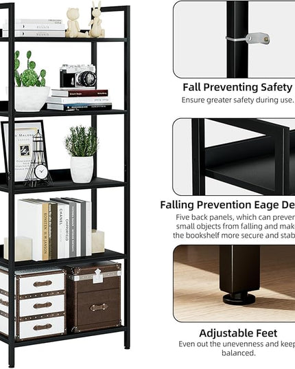 NUMENN Bookshelf, 5 Tier Bookshelves, Home Office Bookcase Shelf Storage Organizer, Free Standing Storage Shelving Unit for Bedroom, Living Room and Home Office, Black - LeafyLoom
