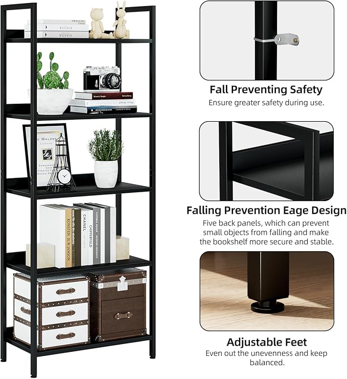 NUMENN Bookshelf, 5 Tier Bookshelves, Home Office Bookcase Shelf Storage Organizer, Free Standing Storage Shelving Unit for Bedroom, Living Room and Home Office, Black - LeafyLoom