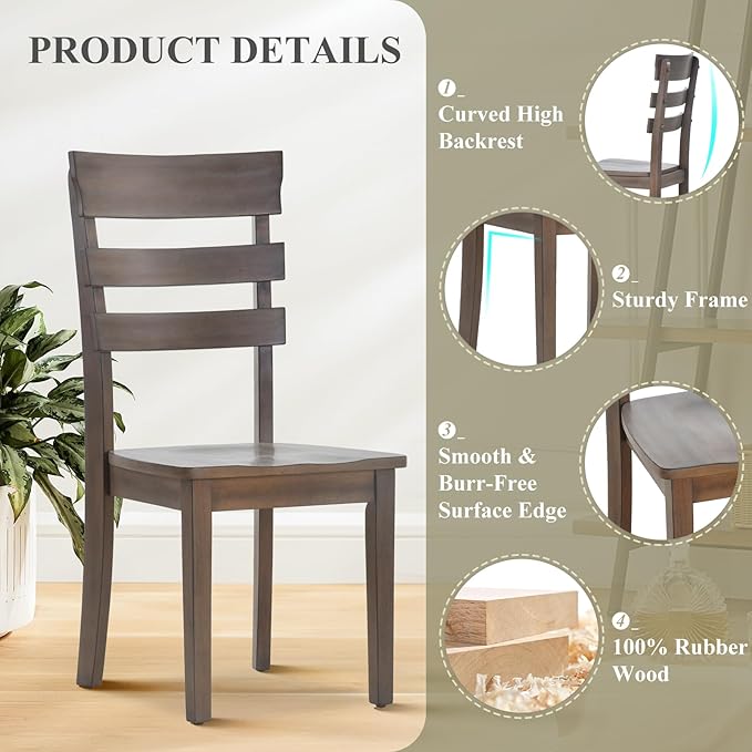 COLAMY Wooden Dining Chairs Set of 6, Ladder High Back Kitchen Side Chair, Farmhouse Armless Dining Room Chairs with Adjustable Foot Pegs, Light Brown - LeafyLoom