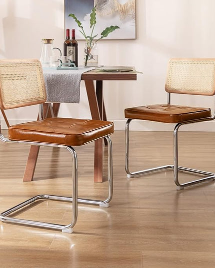 Zesthouse Mid-Century Modern Dining Chairs, Upholstered Tufted Faux Leather Accent Chairs Rattan Dining Chairs Set of 2, Armless Mesh Back Cane Chairs with Metal Chrome Legs, Brown - LeafyLoom