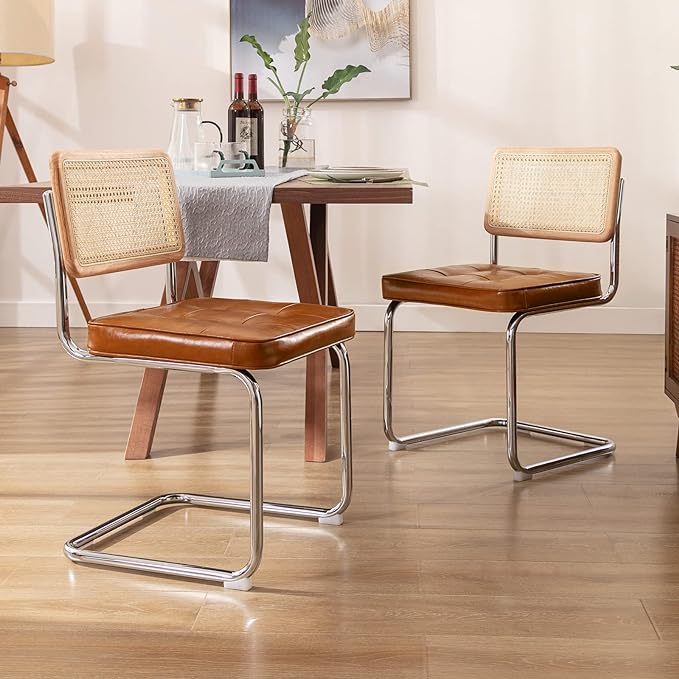Zesthouse Mid-Century Modern Dining Chairs, Upholstered Tufted Faux Leather Accent Chairs Rattan Dining Chairs Set of 2, Armless Mesh Back Cane Chairs with Metal Chrome Legs, Brown - LeafyLoom