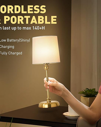 Cordless LED Table Lamp, 6000mAh Rechargeable Bedside Night Lamp for Bedroom, Portable Touch Stepless Dimmable Battery Operated Lamp, Ambient Light for Patio Restaurant(‎Antique Brass H) - LeafyLoom