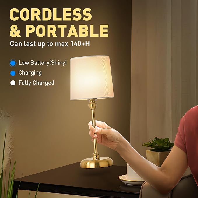 Cordless LED Table Lamp, 6000mAh Rechargeable Bedside Night Lamp for Bedroom, Portable Touch Stepless Dimmable Battery Operated Lamp, Ambient Light for Patio Restaurant(‎Antique Brass H) - LeafyLoom