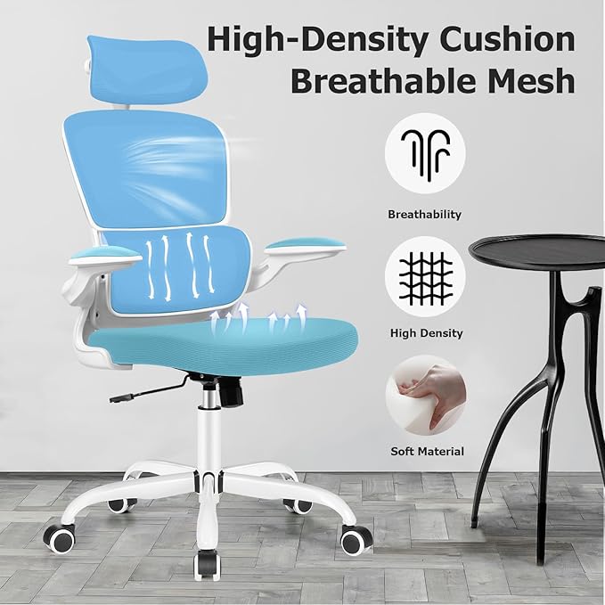 Ergonomic Office Chair, High Back Mesh Desk Chair with Lumbar Support and Adjustable Headrest, Computer Gaming Chair with Flip-up Armrests, Executive Swivel Chair for Home Office (Blue) - LeafyLoom