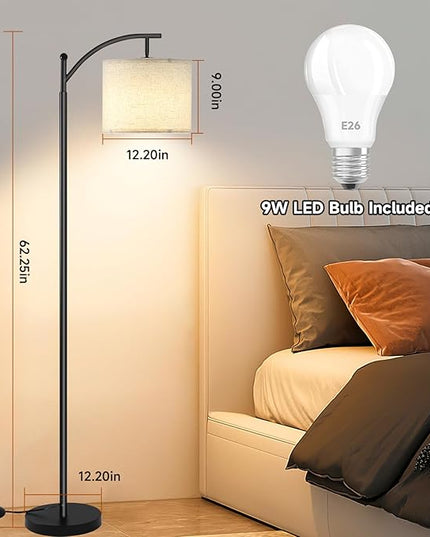 Floor Lamp for Living Room with 4 Color Temperatures, Standing Lamp with Adjustable Linen Shade， Remote Control and Stepless Dimmable tall lamp for Bedroom, Office，9W Bulb Included（Black） - LeafyLoom