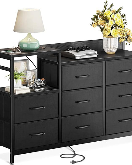 ODK Dresser with Charging Station, 52-Inch Long Dresser TV Stand for Bedroom, Large Dresser with 8 Storage Drawers, Chest of Drawers Easy-Pull Fabric Dressers for Living Room, Black - LeafyLoom