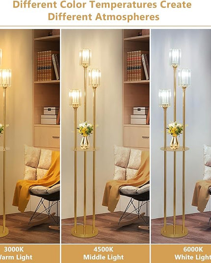 HMVPL Gold Floor Lamps for Living Room, Modern Floor Lamp with Shelves, Crystal Standing Lamps with Table, Brass Floor Lamp with Crystal Shade, On/Off Switch, Mid Century Corner Floor Lamp for Bedroom - LeafyLoom