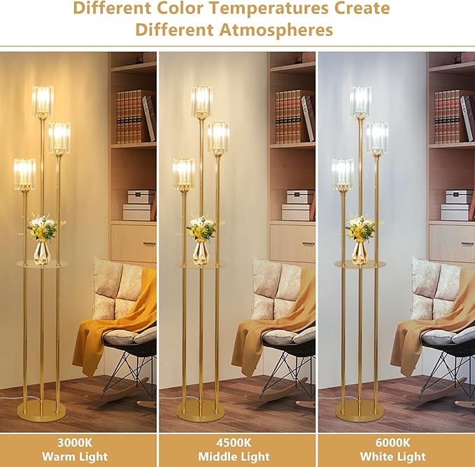 HMVPL Gold Floor Lamps for Living Room, Modern Floor Lamp with Shelves, Crystal Standing Lamps with Table, Brass Floor Lamp with Crystal Shade, On/Off Switch, Mid Century Corner Floor Lamp for Bedroom - LeafyLoom