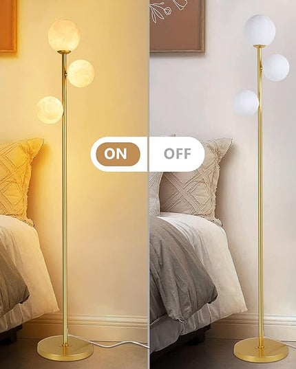 3 Globe Moon Floor Lamp for Living Room, Modern Gold Floor Lamp with 3D Printing Frosted Shade and LED Bulb, Mid Century Standing Lamp, 67" Metal Tall Pole Lamp for Bedroom Girls Room, Dresser, Office - LeafyLoom