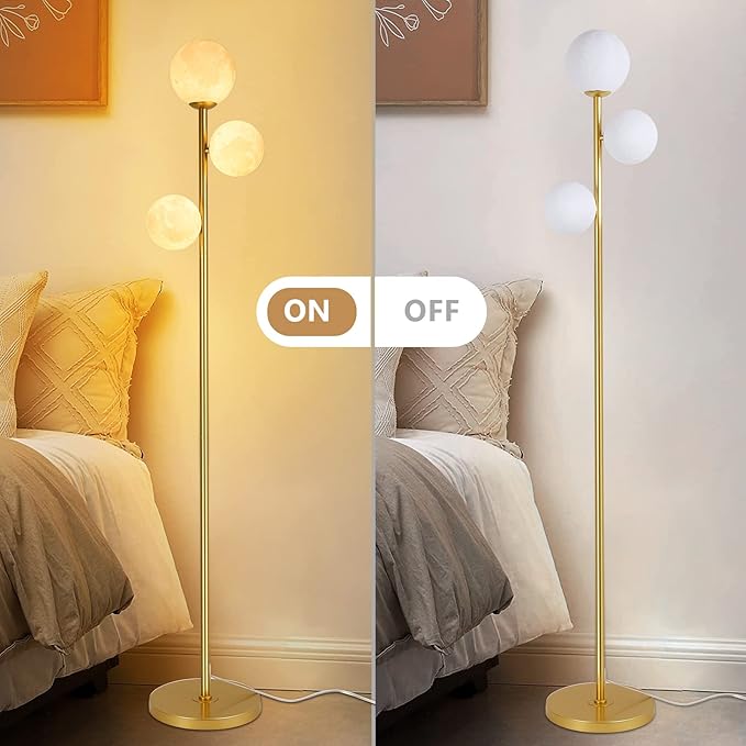 3 Globe Moon Floor Lamp for Living Room, Modern Gold Floor Lamp with 3D Printing Frosted Shade and LED Bulb, Mid Century Standing Lamp, 67" Metal Tall Pole Lamp for Bedroom Girls Room, Dresser, Office - LeafyLoom