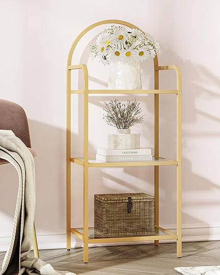 Bookcase Bookshelf, Tempered Glass Bookshelves, Slim Shelving Unit for Bedroom, Bathroom, Home Office, Steel Frame, 3 Tier Gold BC10301G - LeafyLoom