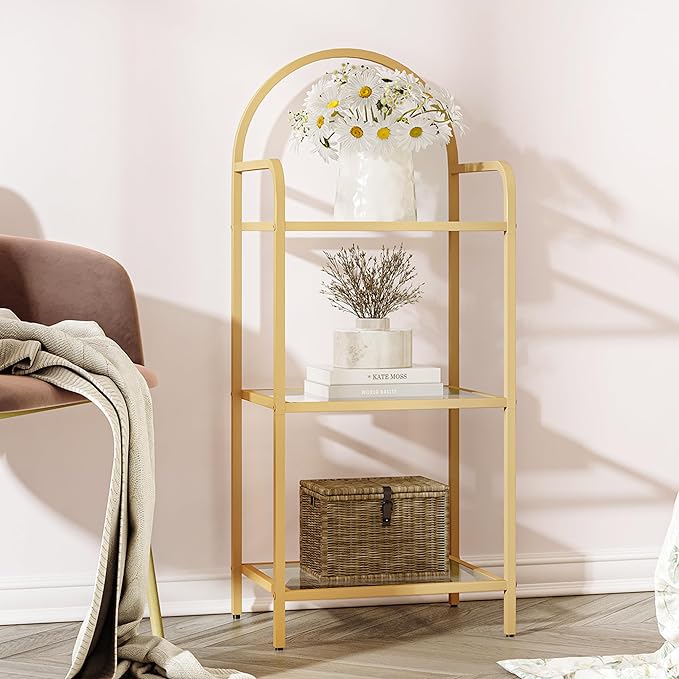 Bookcase Bookshelf, Tempered Glass Bookshelves, Slim Shelving Unit for Bedroom, Bathroom, Home Office, Steel Frame, 3 Tier Gold BC10301G - LeafyLoom