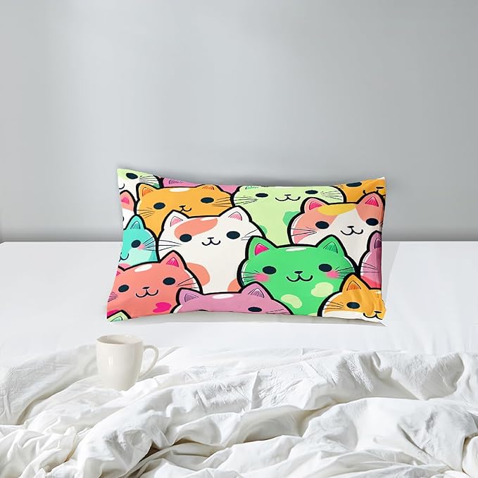 Cat Bedding Twin Size - Cat Comforter Set for Kids Girls Room Cartoon Cat Bedding Set Room Decor Teens Twin Comforter Sets for Girls, 1 Comforter+1 Pillowcase - LeafyLoom
