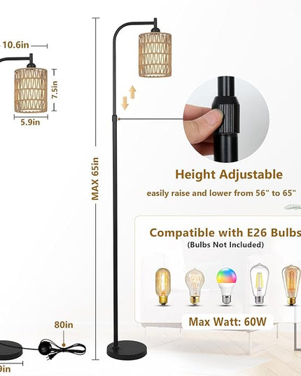 Floor Lamps for Living Room Bright Lighting, Boho Rattan Floor Lamp, Modern Farmhouse Standing Lamp with 2-in-1 Rattan Shades, Minimalist Industrial Tall Pole Lamp for Bedroom Office, Black - LeafyLoom