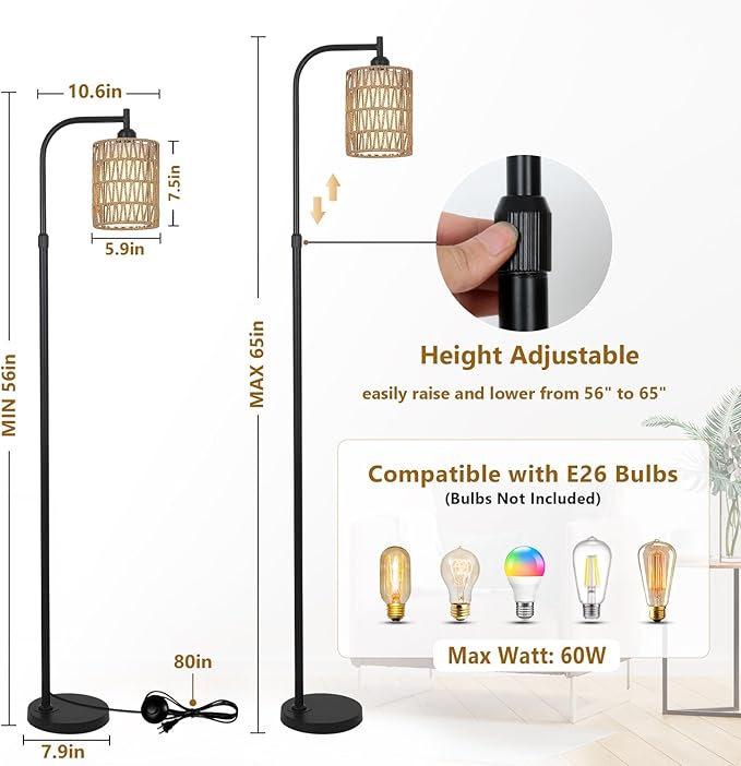 Floor Lamps for Living Room Bright Lighting, Boho Rattan Floor Lamp, Modern Farmhouse Standing Lamp with 2-in-1 Rattan Shades, Minimalist Industrial Tall Pole Lamp for Bedroom Office, Black - LeafyLoom