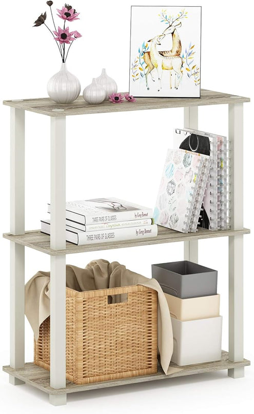 Furinno Turn-S-Tube 3-Tier Compact Multipurpose Shelf Display Rack with Square Tube, Sonoma Oak/White - LeafyLoom