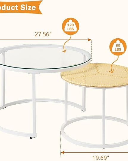 Round Coffee Table Rattan, Boho Coffee Table White, Nesting Coffee Table Set of 2, Circle Coffee Tables for Living Room, Metal Frame - LeafyLoom