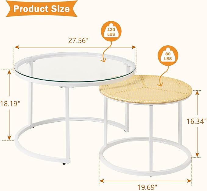 Round Coffee Table Rattan, Boho Coffee Table White, Nesting Coffee Table Set of 2, Circle Coffee Tables for Living Room, Metal Frame - LeafyLoom