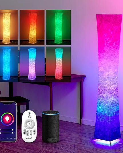 chiphy Floor Lamp, 64" Tall Dimmable and RGB Color Changing LED Smart Bulbs White Fabric Shade, with Remote Control, Standing Lamp for Living Room, Bedroom Play Room - LeafyLoom
