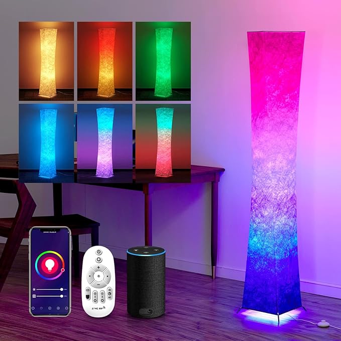 chiphy Floor Lamp, 64" Tall Dimmable and RGB Color Changing LED Smart Bulbs White Fabric Shade, with Remote Control, Standing Lamp for Living Room, Bedroom Play Room - LeafyLoom
