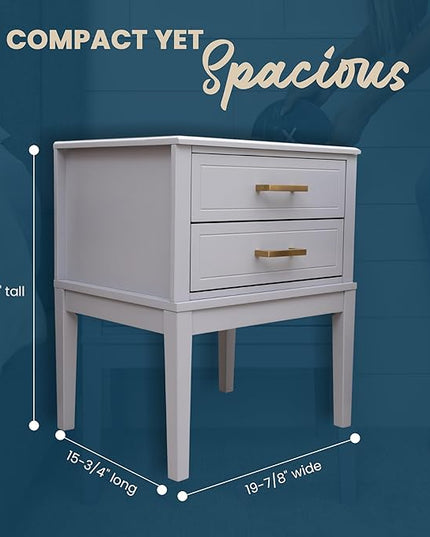 2 Drawer Side Table with Charging Station - Mid Century Modern with Polished Gold Handles, 2 USB Ports & 2 Outlets - Multifunctional Smart Bedside Table Nightstand for Your Home - 24" Tall (Gray) - LeafyLoom