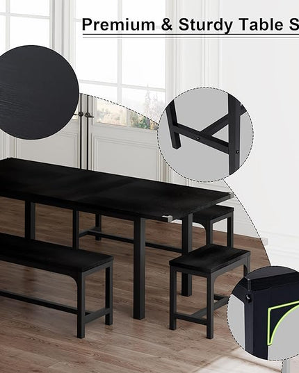 Feonase 5-Piece Dining Table Set for 4-8 People, 63" Large Extendable Kitchen Table Set with 2 Benches and 2 Square Stools, Dining Room Table with MDF Wood Board, Easy Assembly, Black - LeafyLoom