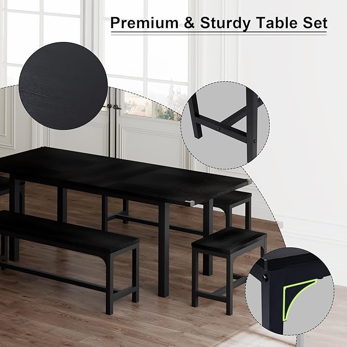Feonase 5-Piece Dining Table Set for 4-8 People, 63" Large Extendable Kitchen Table Set with 2 Benches and 2 Square Stools, Dining Room Table with MDF Wood Board, Easy Assembly, Black - LeafyLoom