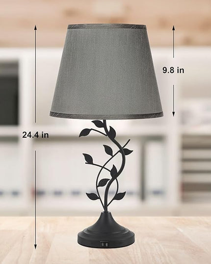 Kakanuo Table Lamp Bedside Lamp with USB C Charging Ports, Grey Traditional Nightstand Lamp for Living Room, Desk Lamp Large Retro Table Lamp for Bedroom - LeafyLoom