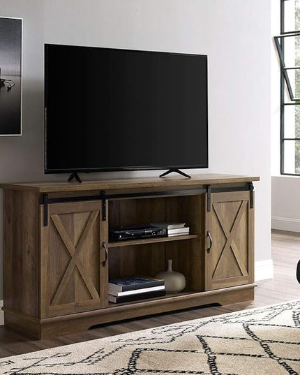 Walker Edison Richmond Modern Farmhouse Sliding Barn Door Stand for TVs up to 65 Inches, Without Fireplace, Rustic Oak - LeafyLoom