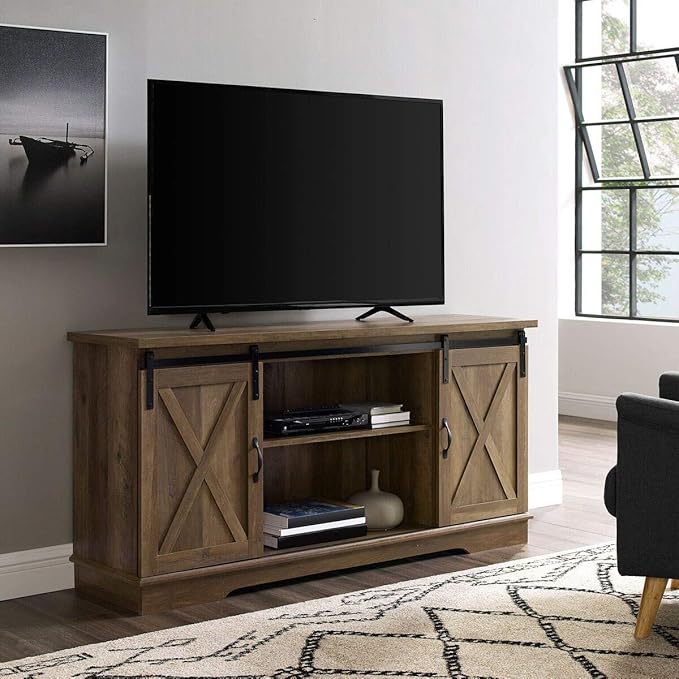Walker Edison Richmond Modern Farmhouse Sliding Barn Door Stand for TVs up to 65 Inches, Without Fireplace, Rustic Oak - LeafyLoom