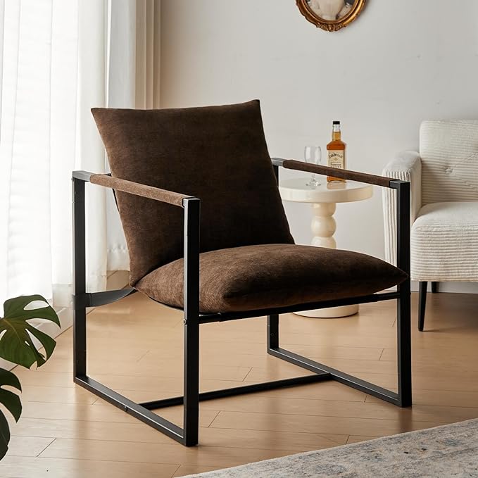 Wimarsbon Modern Accent Chair, Mid Century Sitting Chair with Sponge Cushion, Comfy and Sturdy Lounge Chair with Metal Leg for Bedroom, Living Room, Office,Easy Assembly (Chenille-Brown) - LeafyLoom