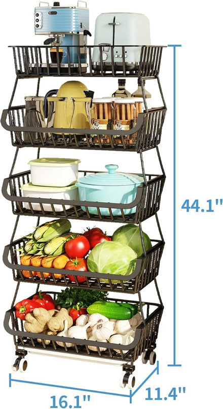 Wisdom Star 5 Tier Fruit Vegetable Basket for Kitchen, Storage Cart, Bins for Onions and Potatoes, Wire Storage Basket Organizer Utility Cart with Wheels,Bronze - LeafyLoom