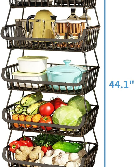 Wisdom Star 5 Tier, Kitchen Fruit Vegetable Storage Cart, Vegetable Basket Bins for Onions and Potatoes, Wire Storage Organizer Utility Cart with Wheels, Black - LeafyLoom