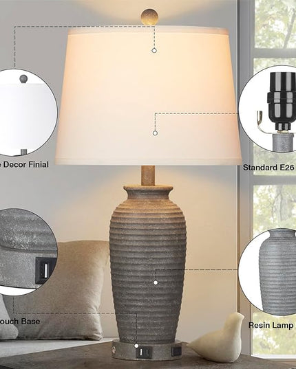 25" Farmhouse Jar Table Lamps Set of 2, 3 Way Touch Control Rustic Bedside Lamps with USB A+C Ports & AC Outlet, Pot Nightstand Lamps for Bedroom Living Room (LED Bulbs Included) - LeafyLoom