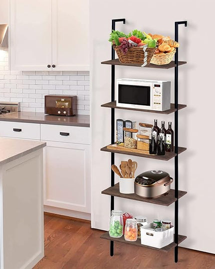 aboxoo Ladder Shelf Open Bookshelf 5-tier Wood Wall-mounted Bookcase Storage Rack Open back Industrial Modern Plant Flower Stand Utility Organizer Bookcase Metal Frame Furniture Office Kitchen Bedroom - LeafyLoom