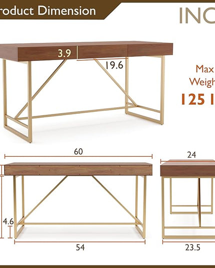 Lizon Modern 60 Inch Wood Desk with Drawers, Office Table with Storage, Vanity Without Mirror for Bedroom, Study Room, Dorm, 60-inch, Light Walnut Brown and Gold - LeafyLoom
