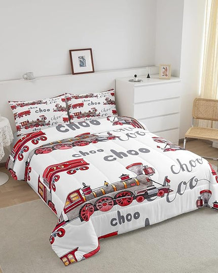 Cartoon Car Bedding Set Kids Train Comforter Set Boys Girls Choo-Choo Rail Roads Tracks Decor Comforter Microfiber Train Construction Duvet Set Bedroom Quilt Set Full Size - LeafyLoom
