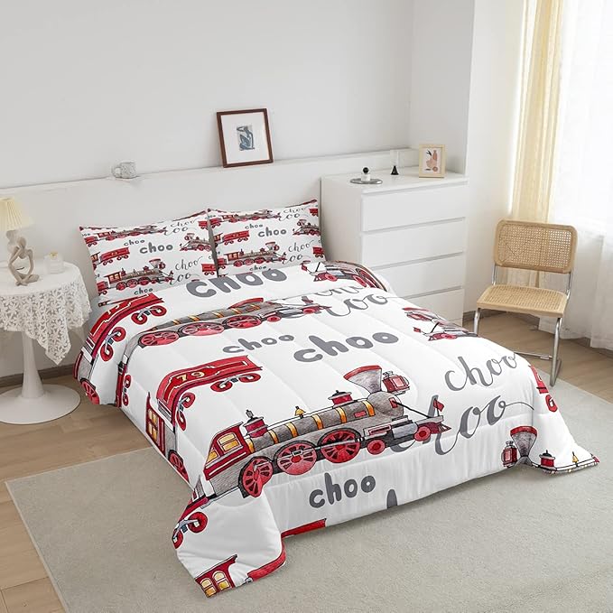 Cartoon Car Bedding Set Kids Train Comforter Set Boys Girls Choo-Choo Rail Roads Tracks Decor Comforter Microfiber Train Construction Duvet Set Bedroom Quilt Set Full Size - LeafyLoom